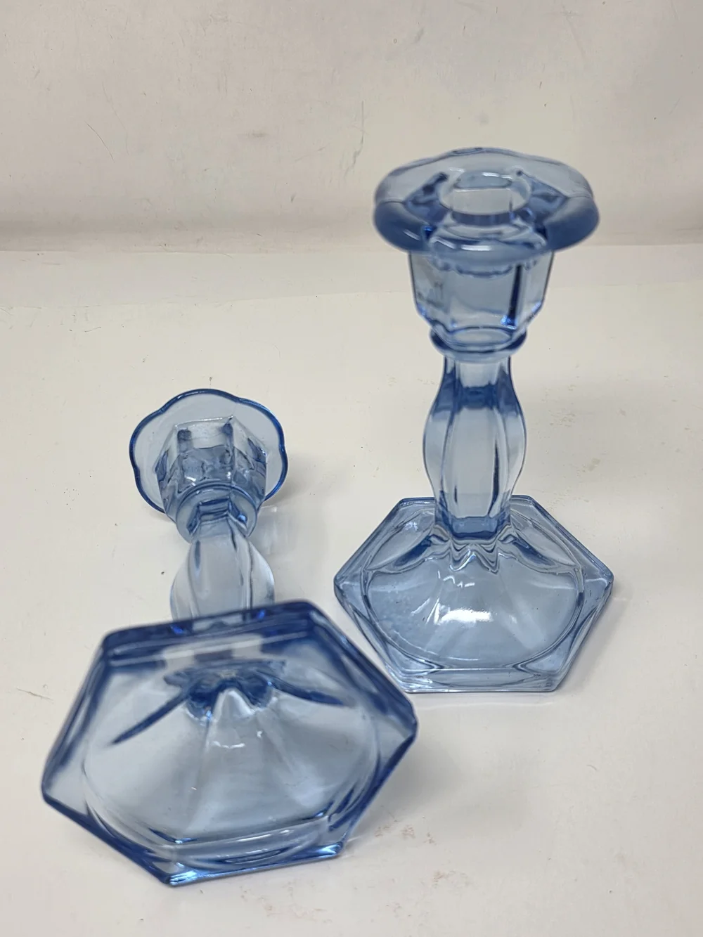 Vintage Blue Glass Candlestick Holders Pair Hexagon Base Taper Candle Shabby 6